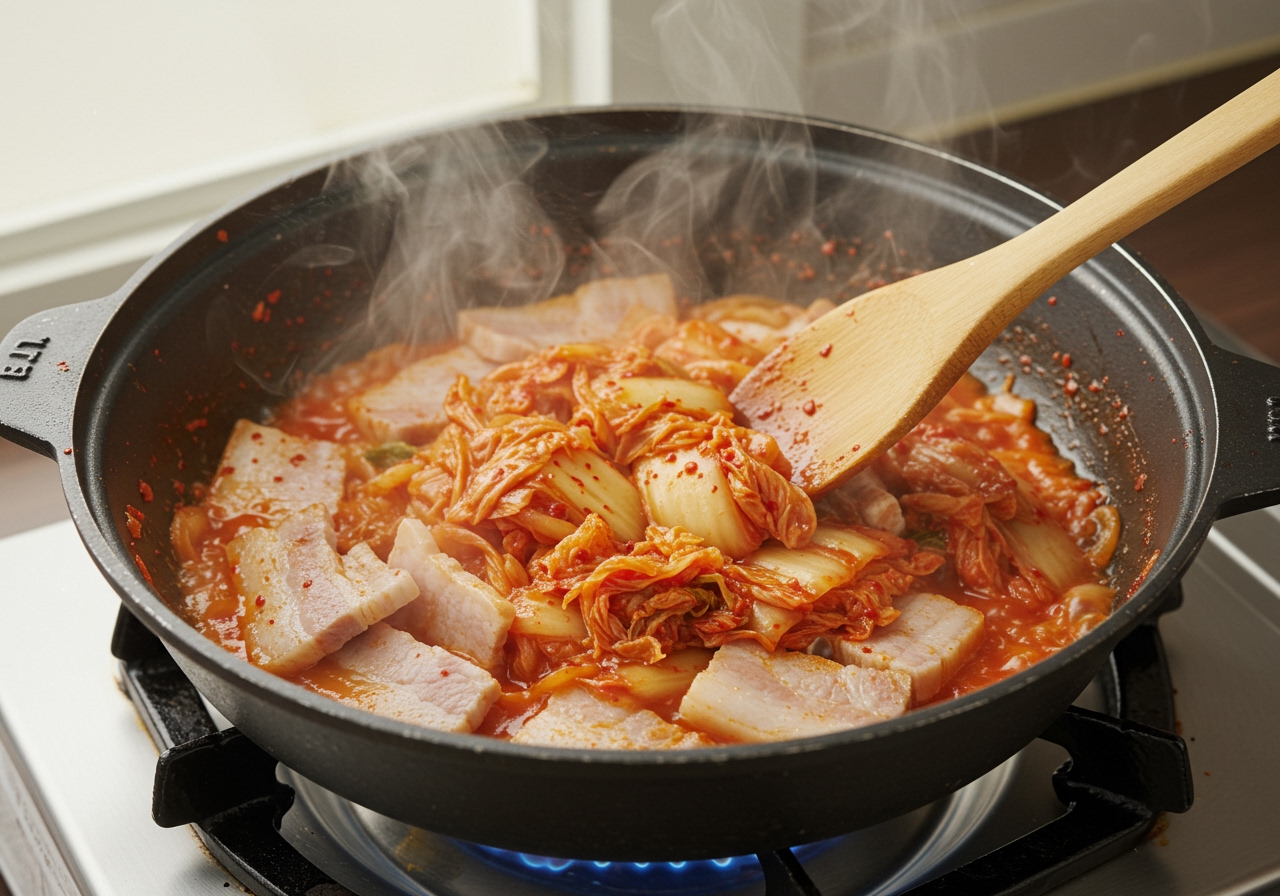 A pot on a stove with sliced pork and chopped kimchi being stir-fried together, a wooden spoon stirring the mixture. Steam is rising.