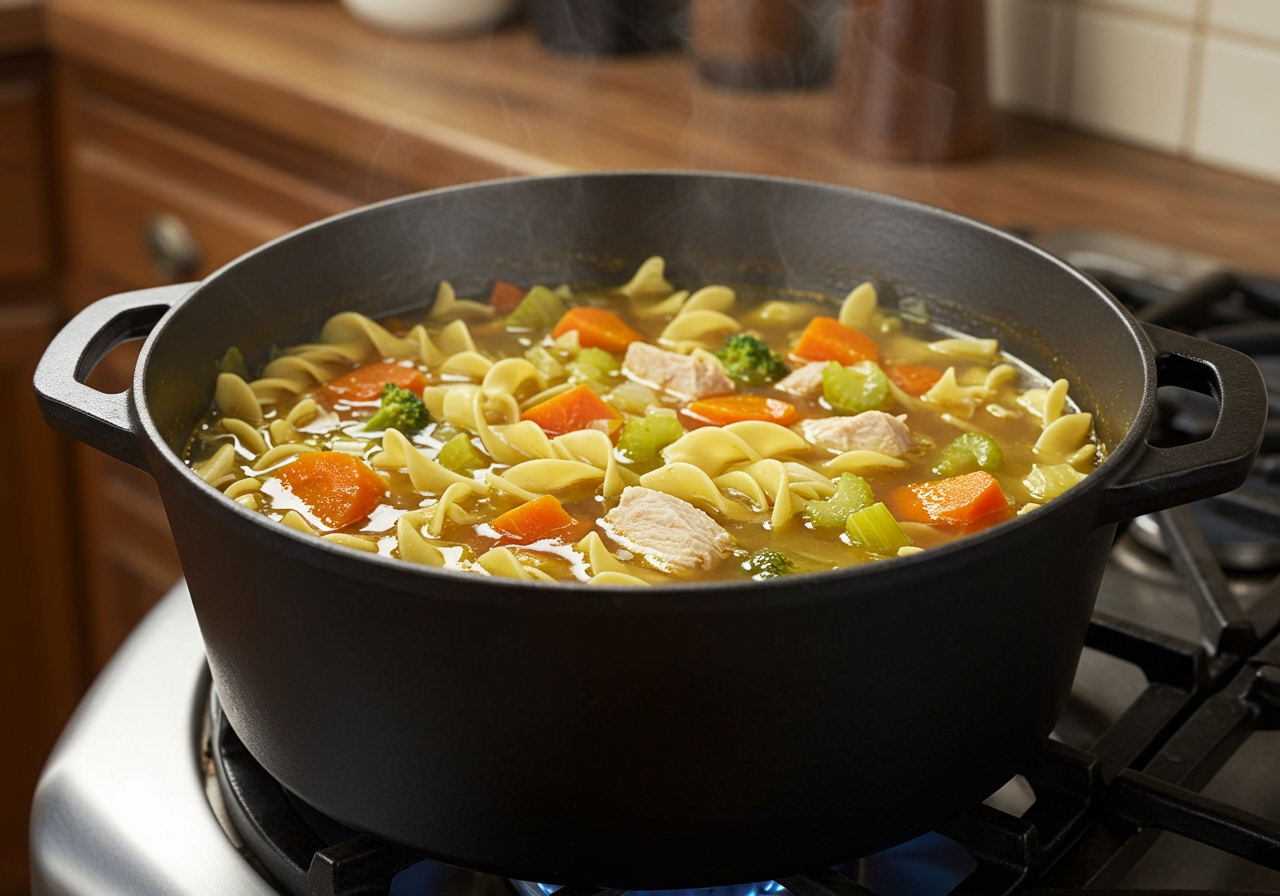 A pot simmering on a stove, showing the healthy turkey pumpkin noodle soup with vegetables and broth bubbling gently.