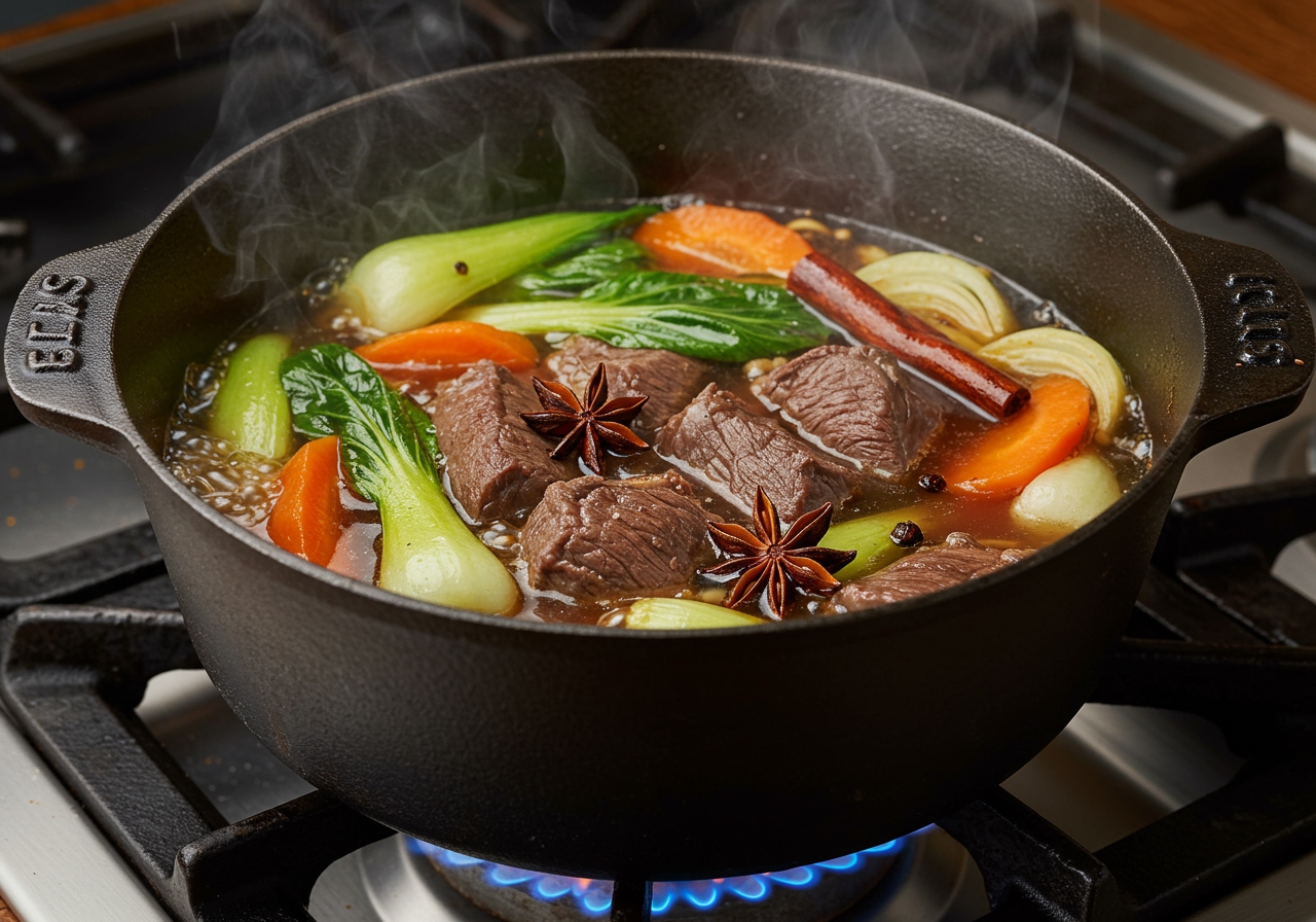 A pot simmering with beef, broth, spices, and vegetables, illustrating the cooking process for the beef noodle soup base.
