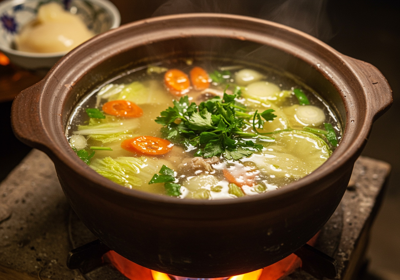 A pot with ingredients simmering in a clear broth, about to be thickened with a slurry.