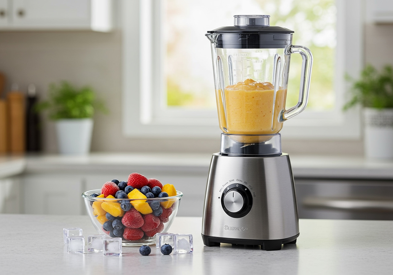 A powerful blender next to a pile of frozen fruits and ice cubes on a kitchen counter, ready for making frozen drinks.