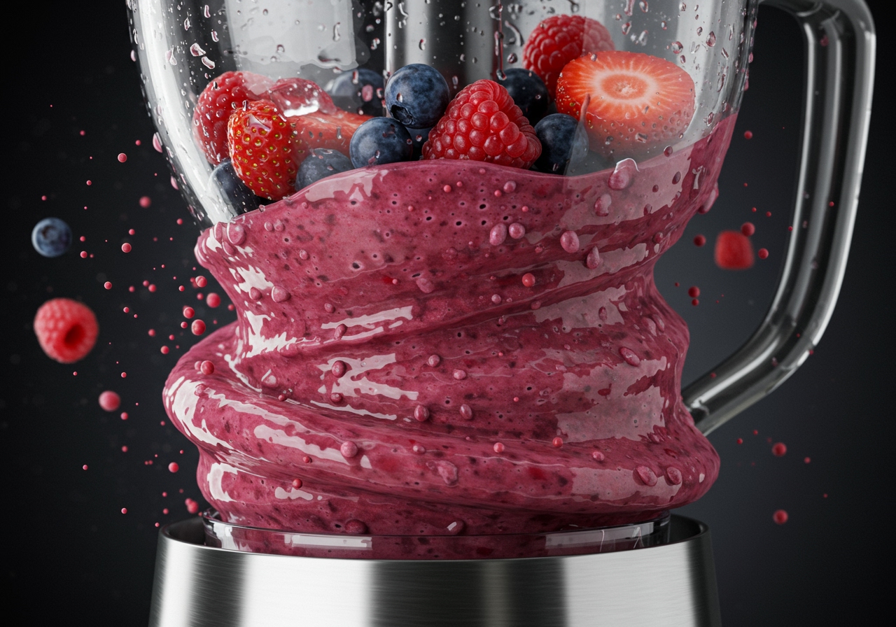 A powerful kitchen blender in action, finely crushing ice and fruit into a thick frozen drink.