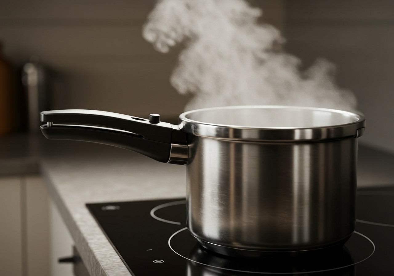 A pressure cooker on a stove, with steam potentially showing, representing the cooking process.