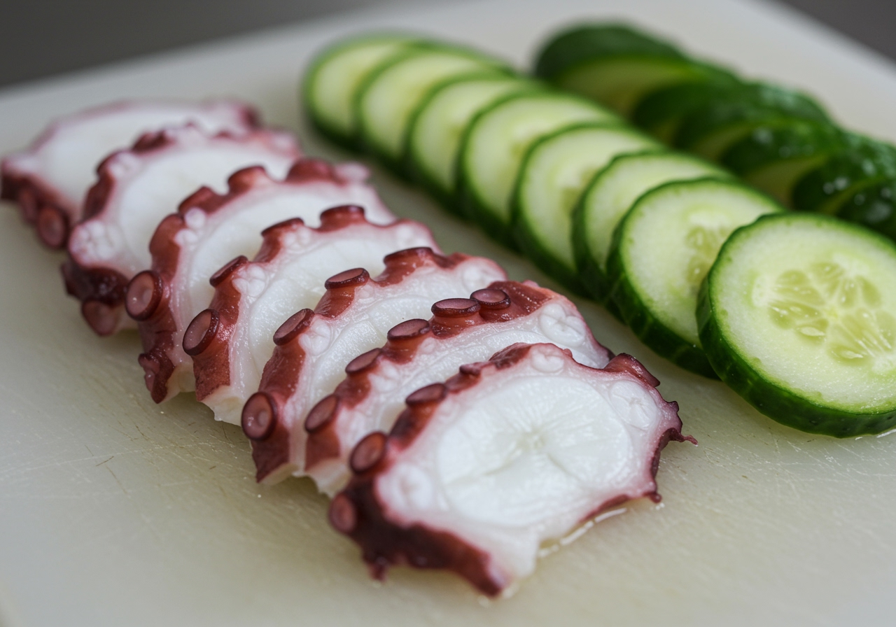 A process shot showing thin slices of boiled octopus being prepared on a cutting board next to sliced cucumber.