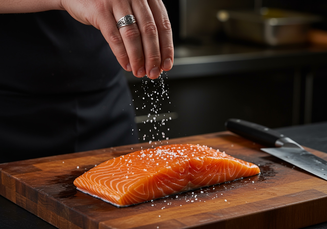 A professional chef's hand sprinkling coarse salt evenly over a raw salmon fillet on a cutting board, preparing it for grilling.