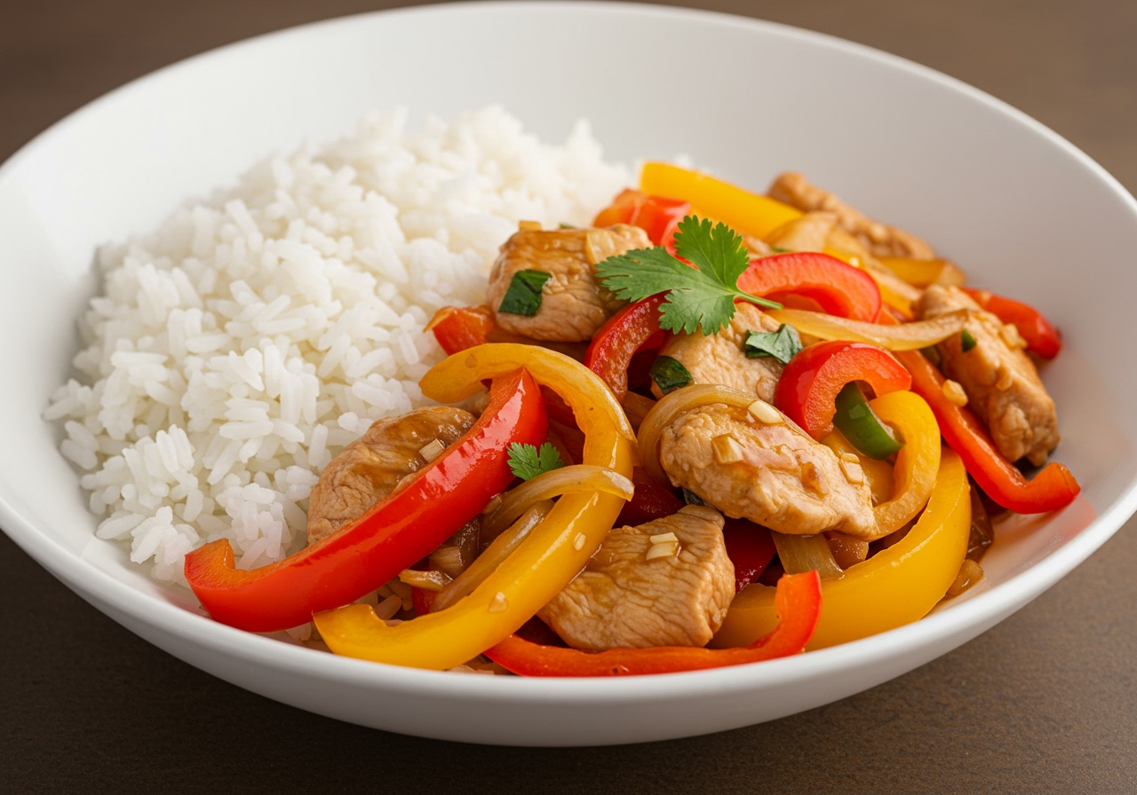 A quick and easy stir-fry dish with chicken, colorful bell peppers, and onions, served in a bowl with rice.