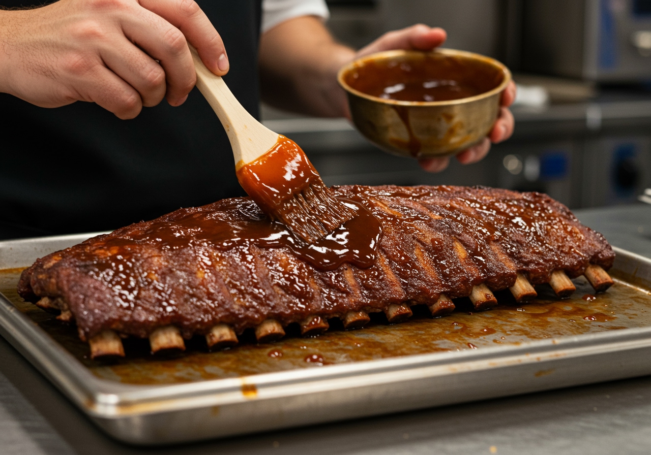 A rack of cooked ribs being brushed with BBQ sauce before the final bake.
