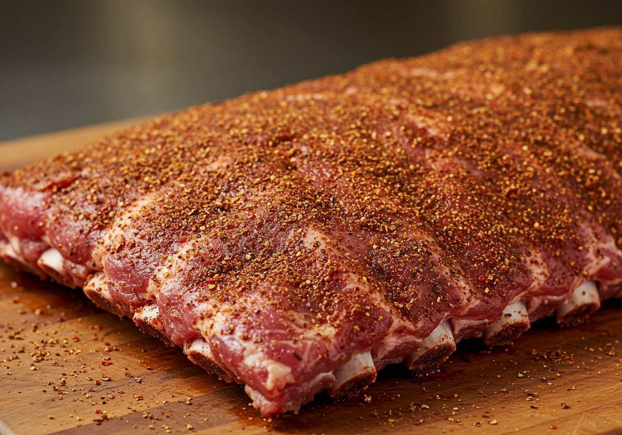 A rack of pork ribs generously coated with a dry spice rub on a cutting board.