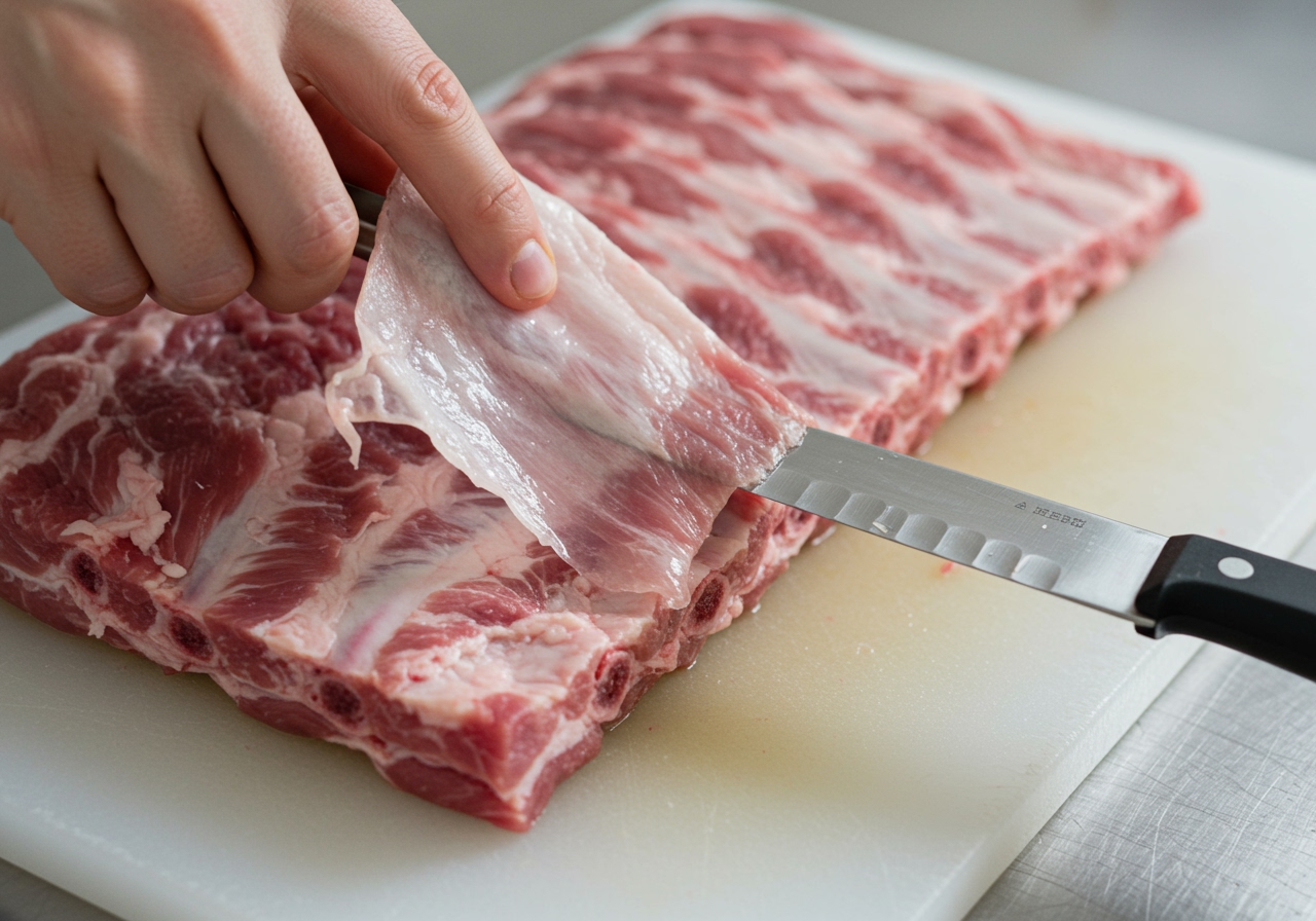 A rack of uncooked pork ribs with visible membrane being peeled off, illustrating the preparation step.