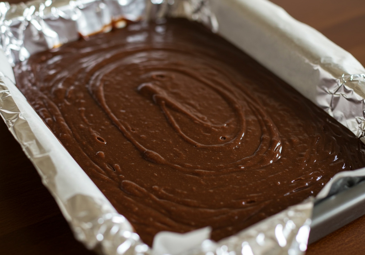 A rectangular pan lined with foil and parchment paper, filled with dark brown, smooth fudge mixture