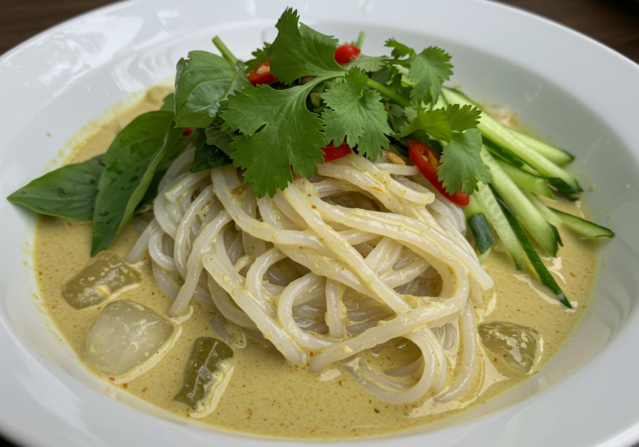A refreshing bowl of cold somen noodles topped with a creamy, pale green curry sauce, garnished with fresh herbs, sliced chili, and cucumber.