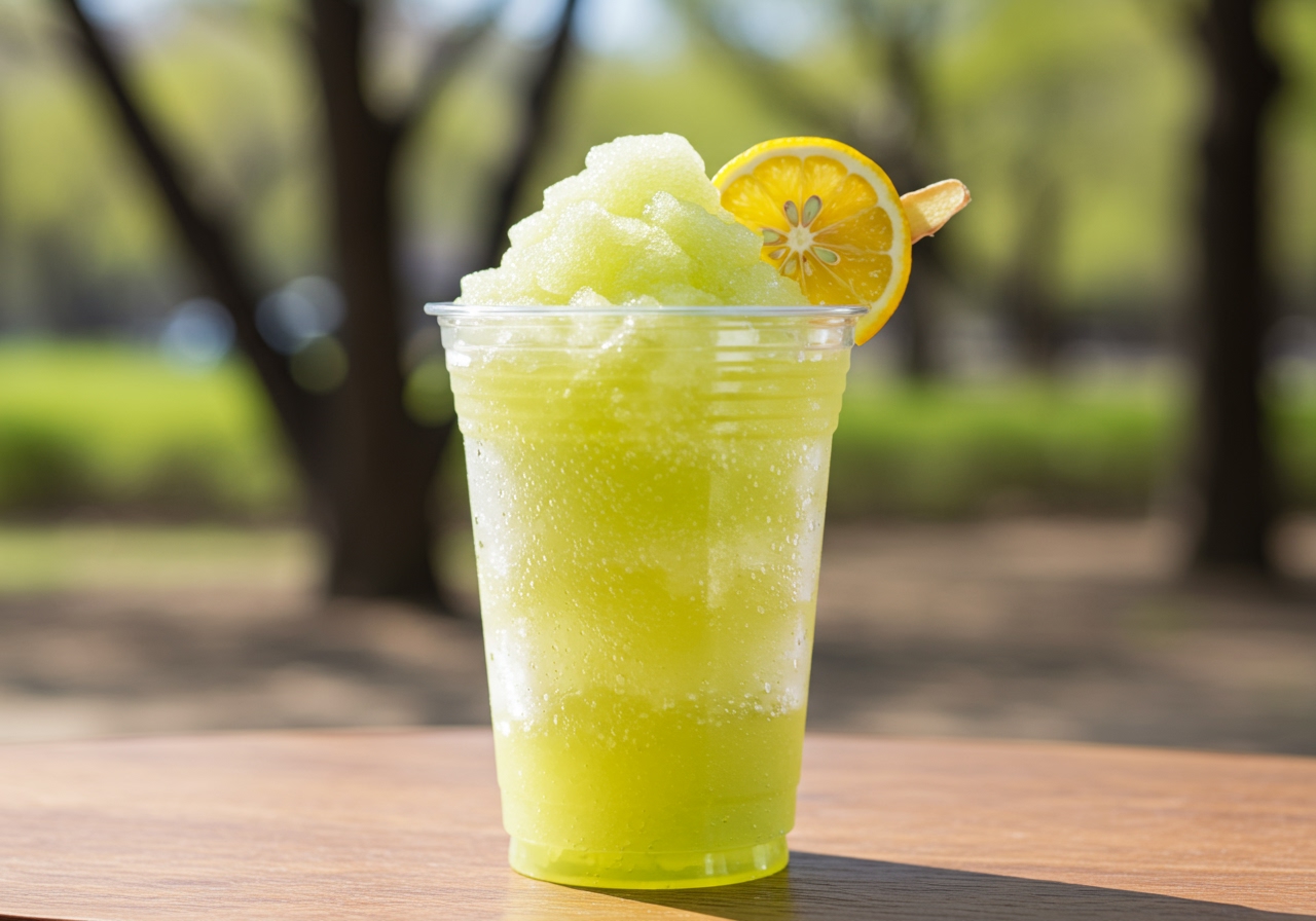 A refreshing Dairy Queen misty slush with a bright yellow-green color, adorned with a slice of yuzu and a small piece of ginger, against a blurred background of a sunny spring park.