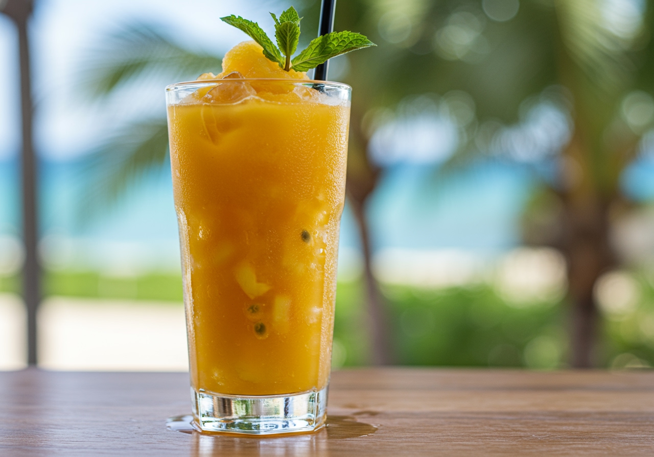 A refreshing fruit frozen drink with ice crystals in a tall glass