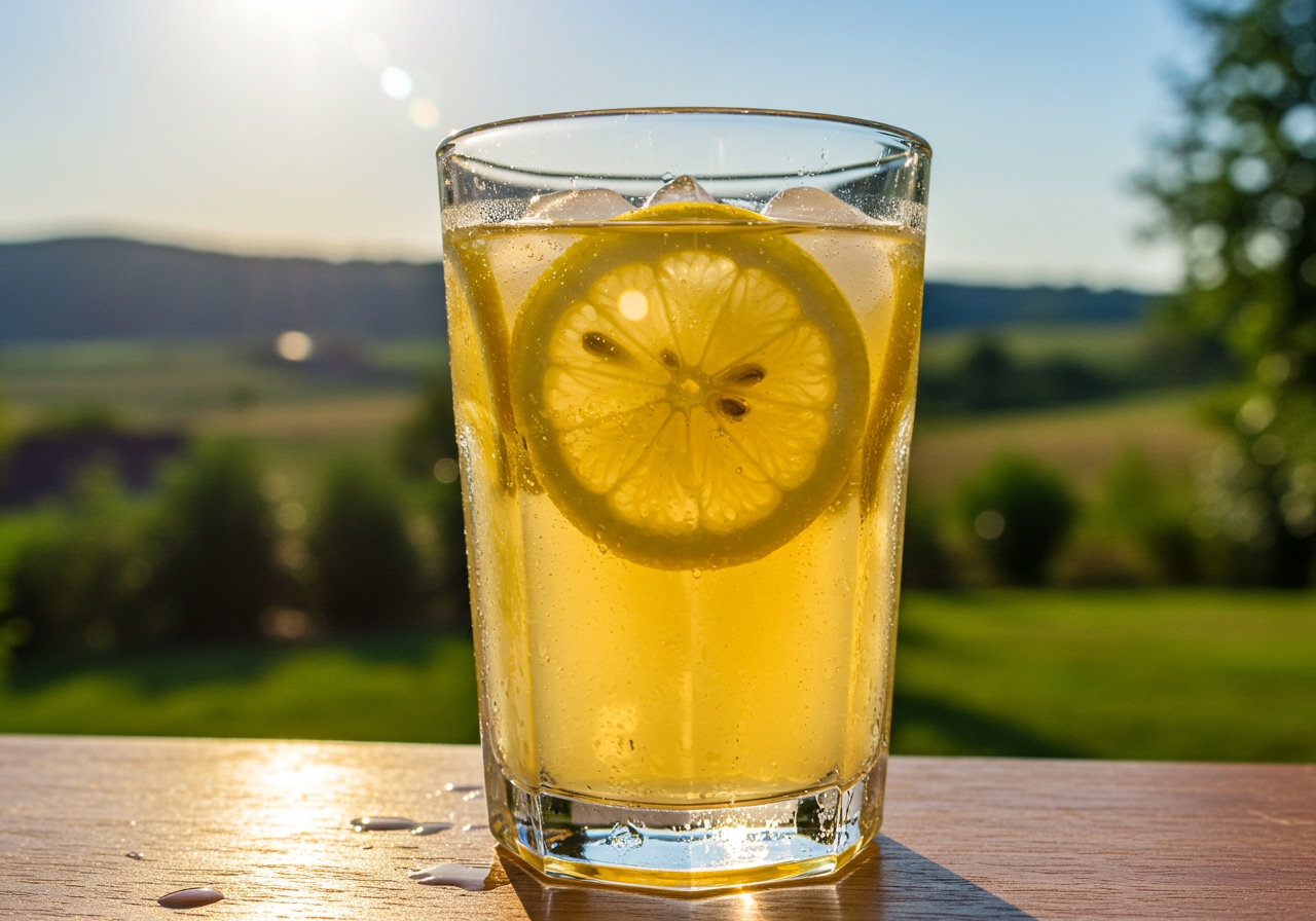 A refreshing glass of homemade lemon sour with ice and lemon slices, condensation on the glass, set against a bright summer backdrop.