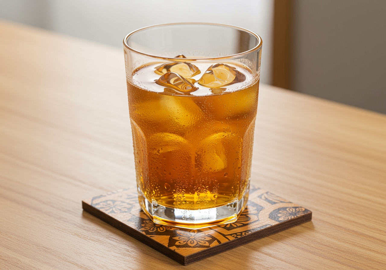 A refreshing glass of iced barley tea with condensation, placed on a wooden table with a traditional Japanese pattern coaster.