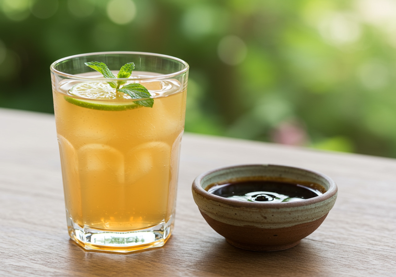 A refreshing glass of iced tea or fruit juice, possibly with a slice of lime or mint, next to a small bowl of card with kithul syrup.