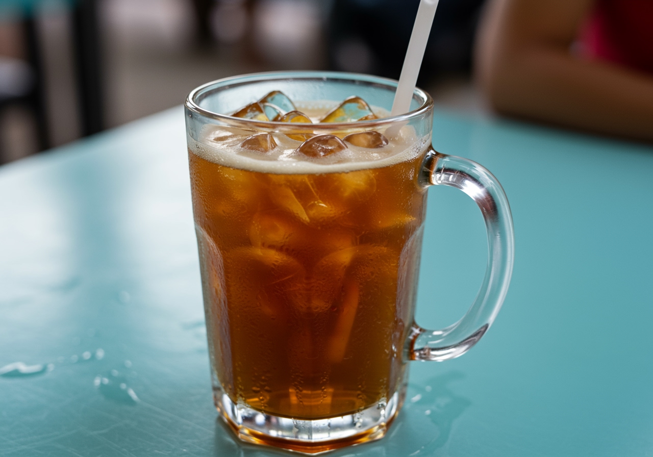 A refreshing glass of iced Teh Tarik with ice cubes, condensation on the glass, and a hint of creamy foam on top, perhaps with a Malaysian street food background blurringly visible.