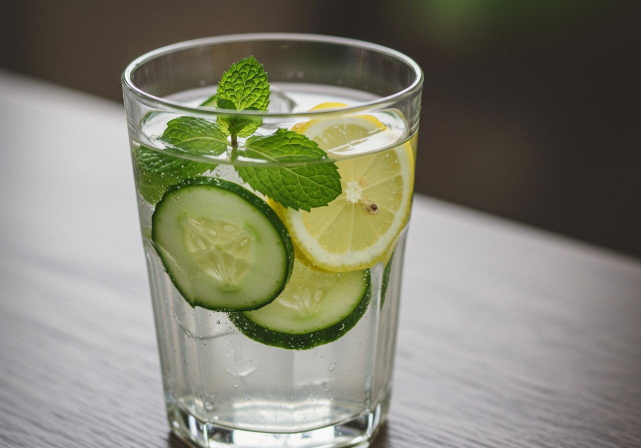 A refreshing glass of infused water with slices of cucumber, lemon, and mint leaves.