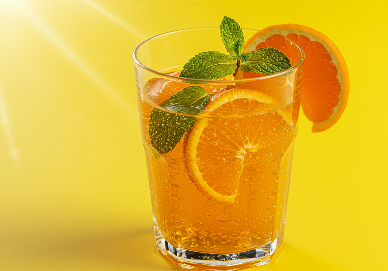 A refreshing glass of mandarin orange sparkling drink garnished with a mint sprig and a slice of mandarin orange, on a bright background.
