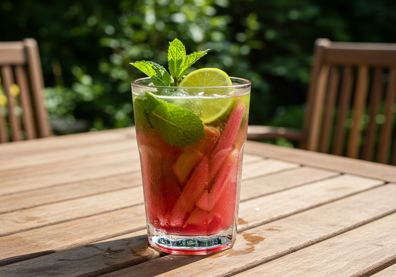A refreshing glass of matcha and honey rhubarb punch, garnished with fresh mint and a slice of lime, on a rustic wooden table outdoors.