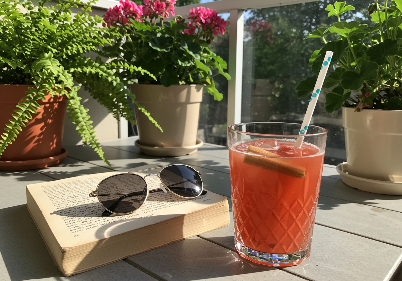 A refreshing glass of matcha and honey rhubarb punch on a sunny balcony table, with a book and sunglasses, evoking relaxation.