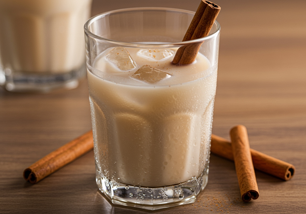 A refreshing glass of Mexican horchata with cinnamon sticks