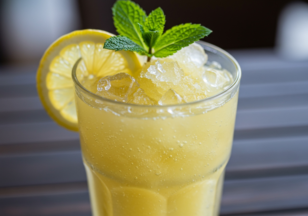 A refreshing lemon and mint frozen drink in a tall glass, garnished with a lemon slice and mint sprig. Ice crystals are visible.