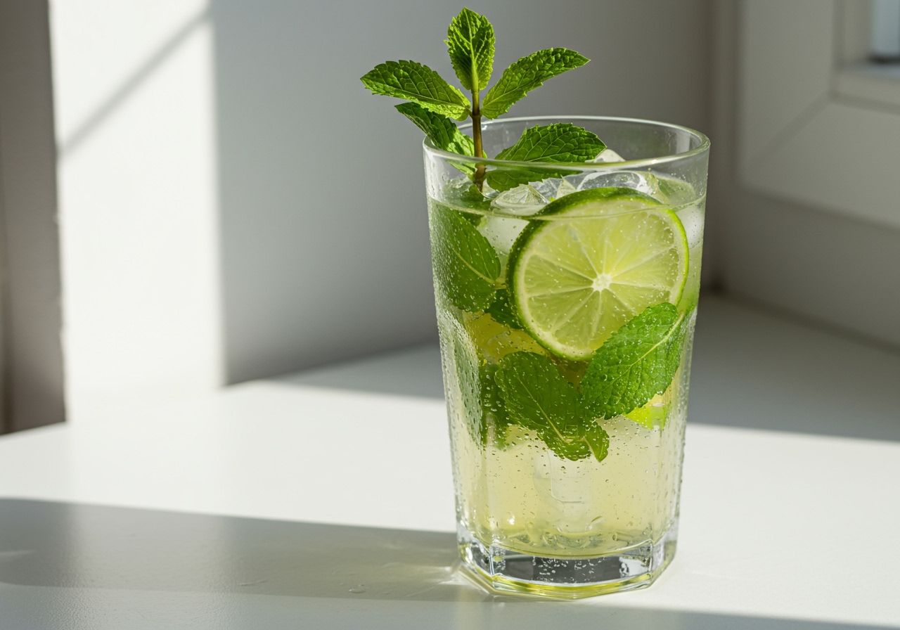 A refreshing non-alcoholic mojito (mocktail) in a glass, showing the mint leaves, lime wedges, and ice clearly. Maybe some condensation on the glass.