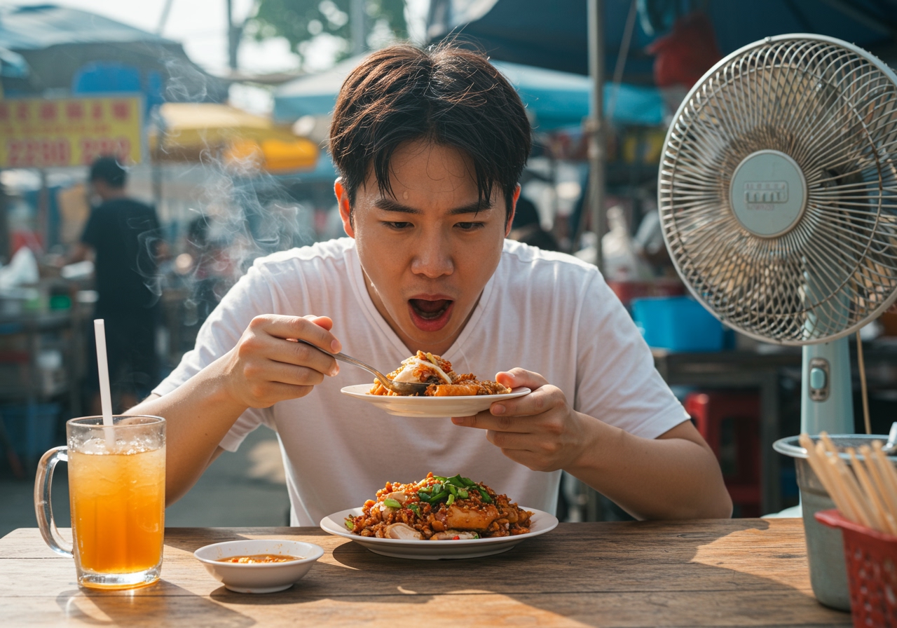 A refreshing scene of someone enjoying a plate of Saliva Chicken on a hot summer day, perhaps with a cool drink nearby.