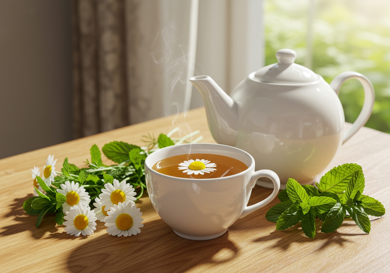 A relaxing setting with a teapot, a cup, and some fresh chamomile and mint sprigs on a wooden table.