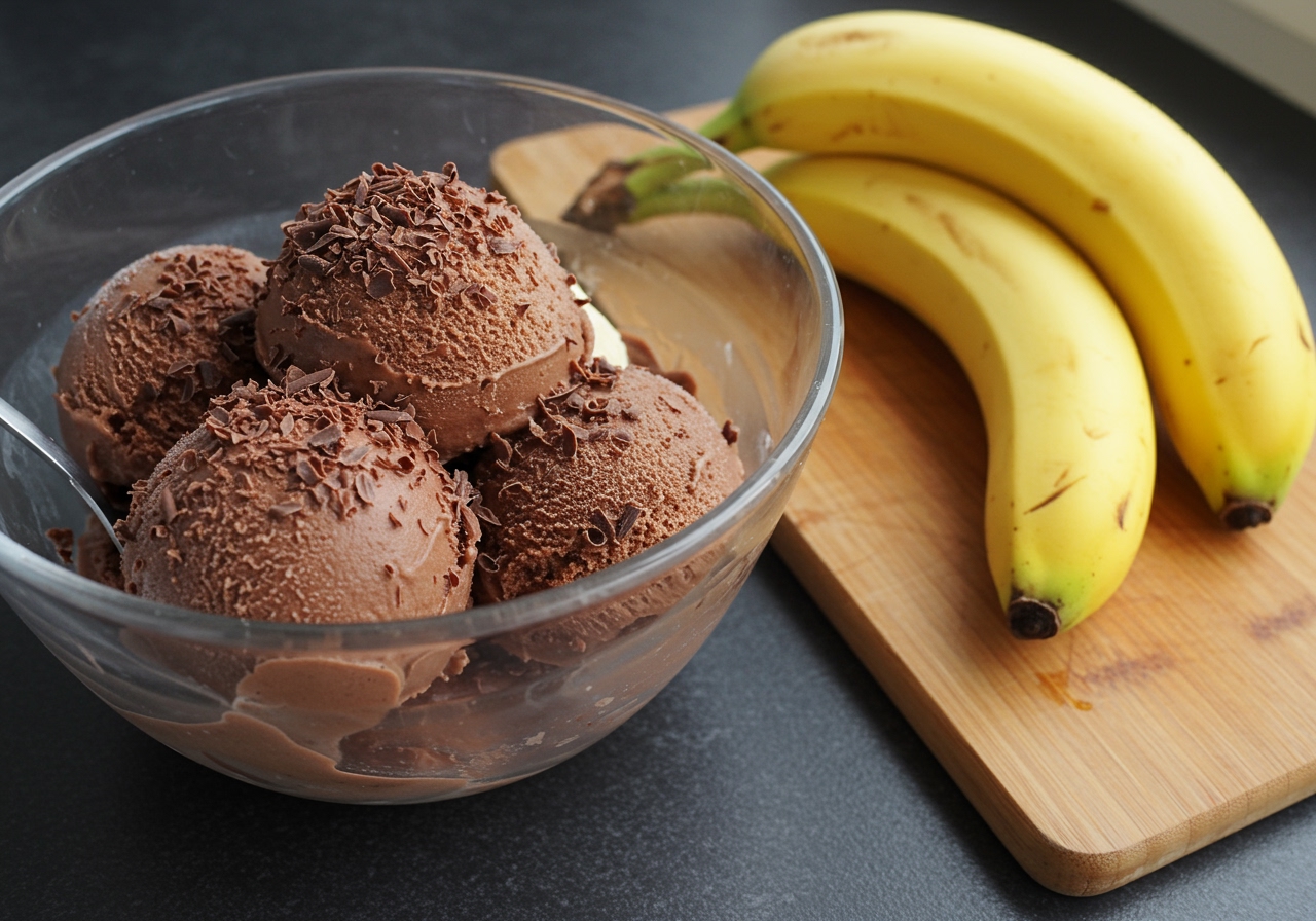 A rich brown frozen drink/dessert in a bowl or glass, topped with chocolate shavings or cocoa powder, next to fresh bananas.