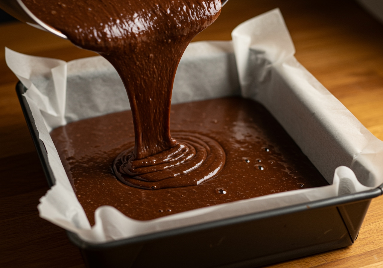 A rich brownie batter being poured smoothly into a square baking pan lined with parchment paper, ready for the oven.