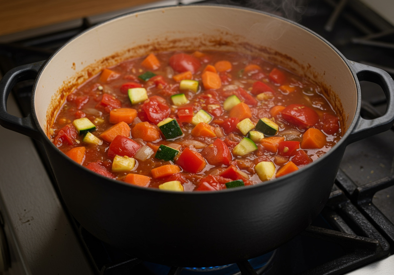 A rich, chunky tomato sauce simmering in a pot, filled with various colorful vegetables.
