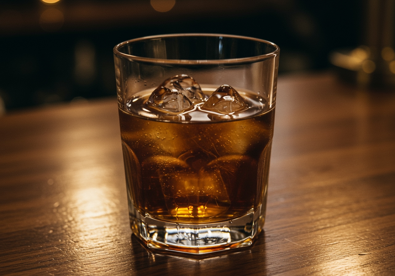 A rocks glass filled with ice, coffee liqueur, and vodka, ready to be stirred.