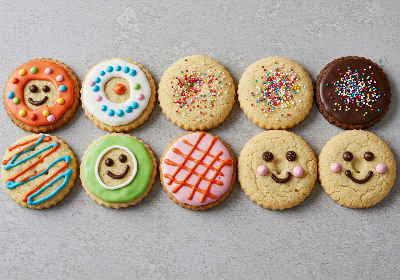 A row of different types of homemade cookies, some decorated with icing, some with sprinkles, showcasing the versatility of a base cookie mix.
