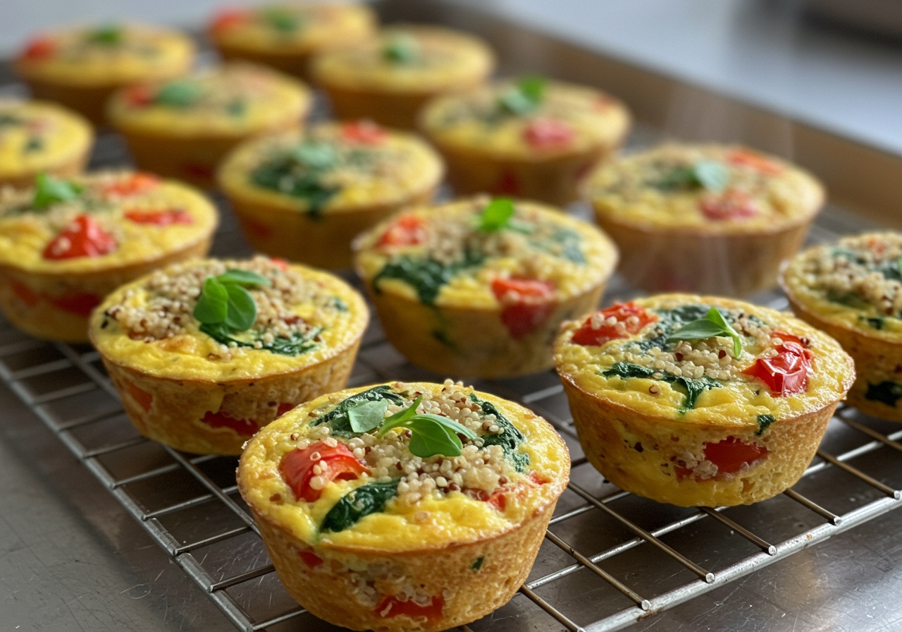 A row of golden brown mini frittatas cooling on a wire rack, with some colorful vegetables and quinoa visible inside. Steam is faintly rising from them.