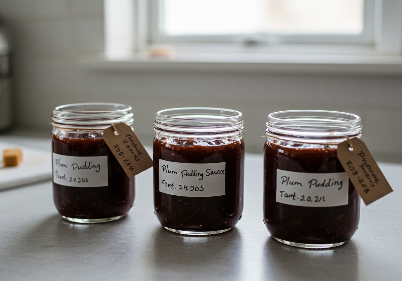 A row of three small glass jars filled with homemade plum pudding sauce, labeled and neatly arranged on a kitchen counter, suggesting preparation for storage or gifting.