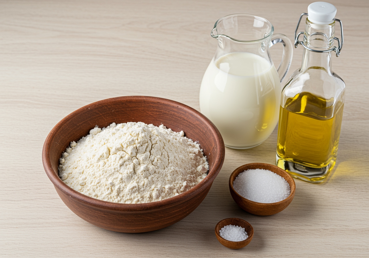 A rustic bowl filled with dry vegan waffle ingredients (flour, baking powder, sugar, salt) next to a jug of plant-based milk and a bottle of vegetable oil, all on a light wooden background.