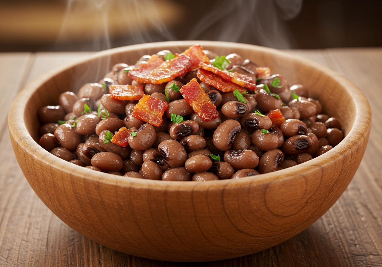 A rustic bowl of cooked black-eyed peas with crispy bacon bits on top, garnished with fresh parsley, steam rising.