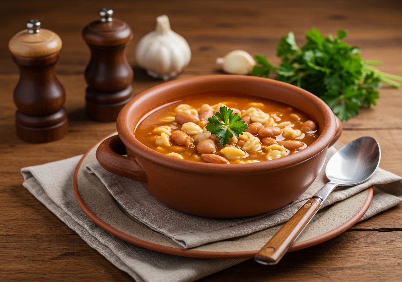 A rustic bowl of Passatina, a thick Italian soup with beans and small pasta, garnished with fresh parsley and a drizzle of olive oil, served on a wooden table in a cozy, traditional Italian kitchen.
