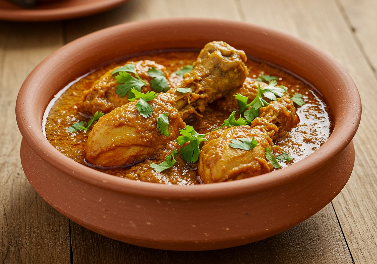 A rustic bowl of simple Chicken Curry, with visible pieces of chicken and a rich, reddish-brown gravy, garnished with fresh coriander leaves.