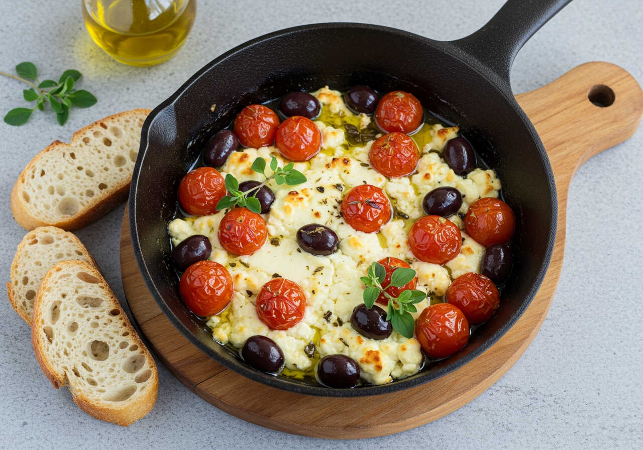 A rustic, cast-iron skillet filled with savory baked feta cheese, bubbling with roasted cherry tomatoes, black olives, fresh oregano, and a drizzle of olive oil. Served with crusty bread on the side.
