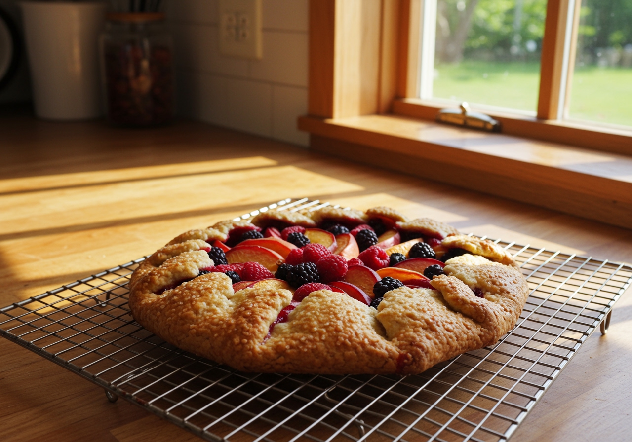 A rustic fruit galette with a golden crust and colourful fruit filling, cooling on a wire rack. Sunlight streams in from a window in the background.