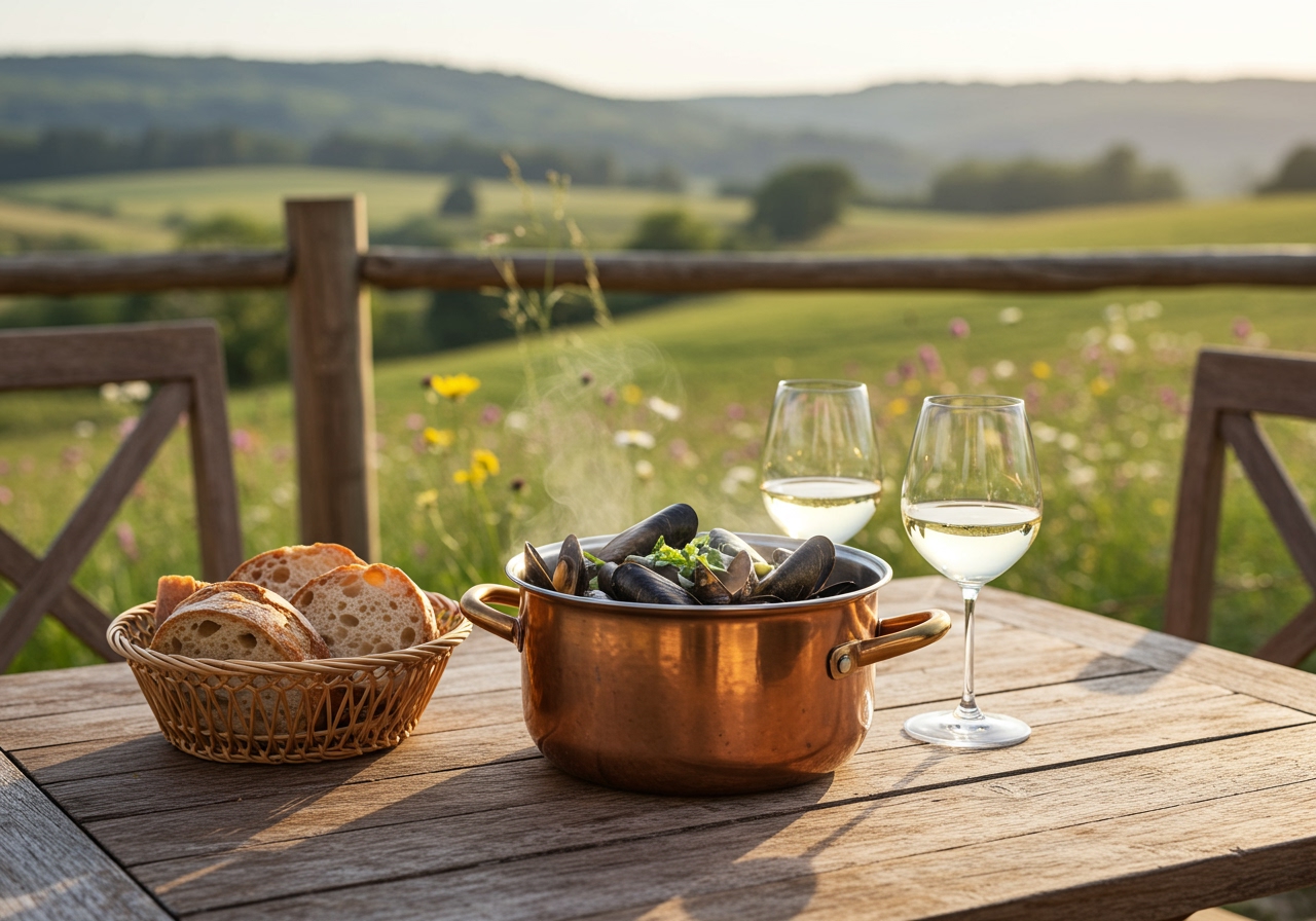A rustic scene with a pot of steamed mussels, a basket of crusty bread, and glasses of white wine on a table.