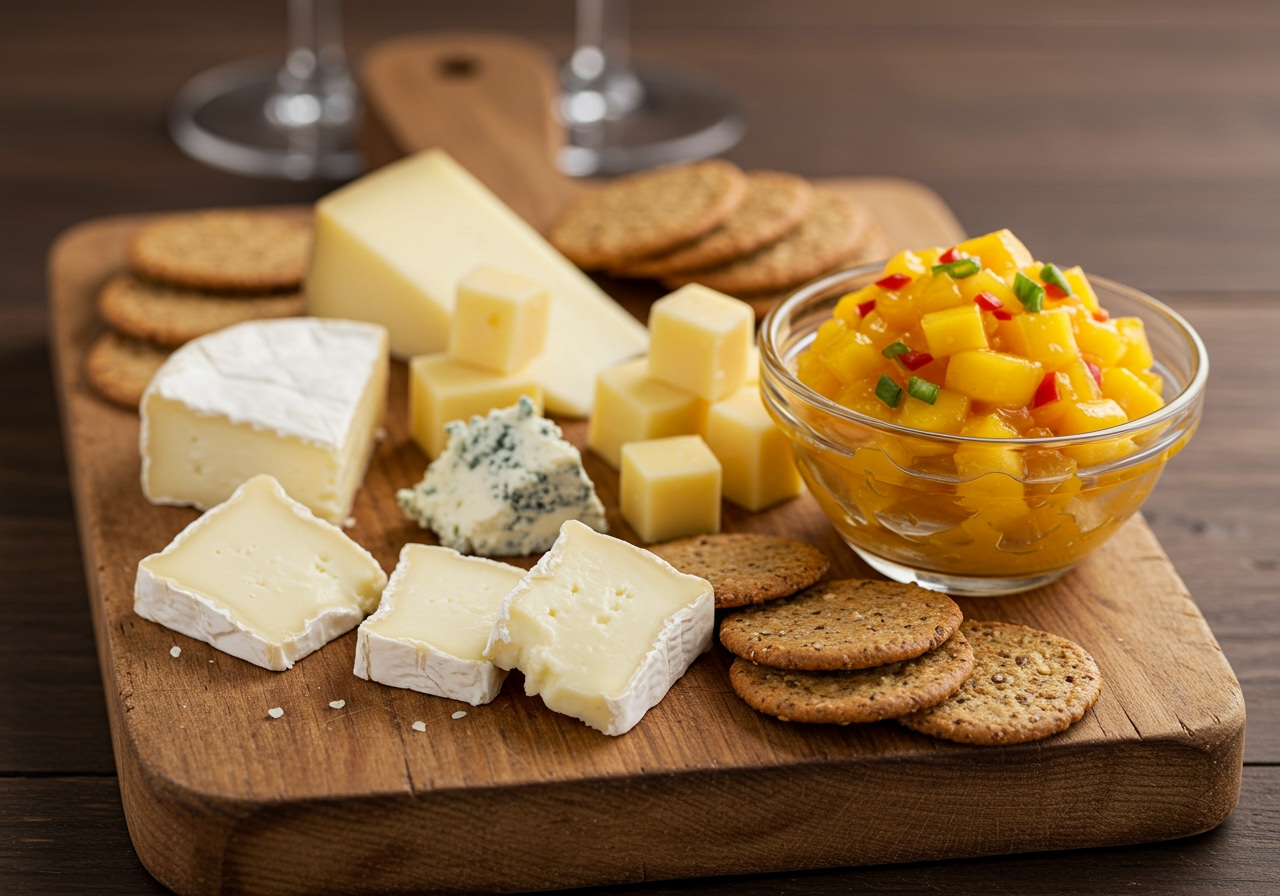 A rustic wooden cutting board laden with an assortment of cheeses (brie, cheddar, goat cheese), gourmet crackers, and a small, elegant glass bowl of spicy mango relish. A wine glass is subtly visible in the background, creating an inviting appetizer spread.