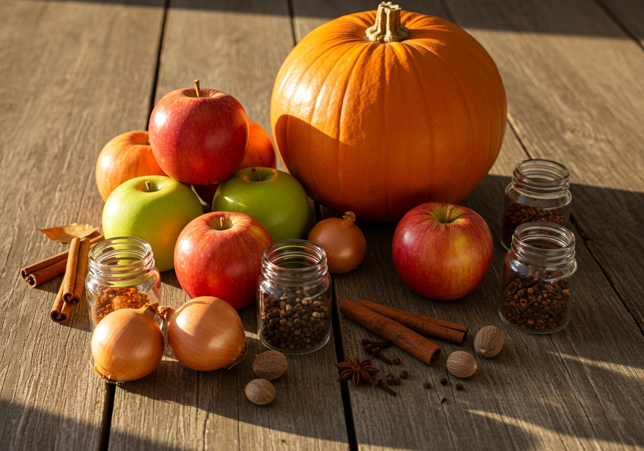 A rustic wooden table set with ingredients for pumpkin and apple soup: a whole pumpkin, several apples, onions, and spices.