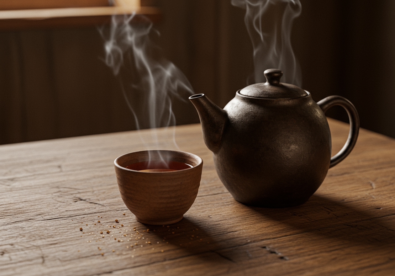 A rustic wooden table with a steaming teapot and a simple ceramic teacup filled with amber-colored tea.