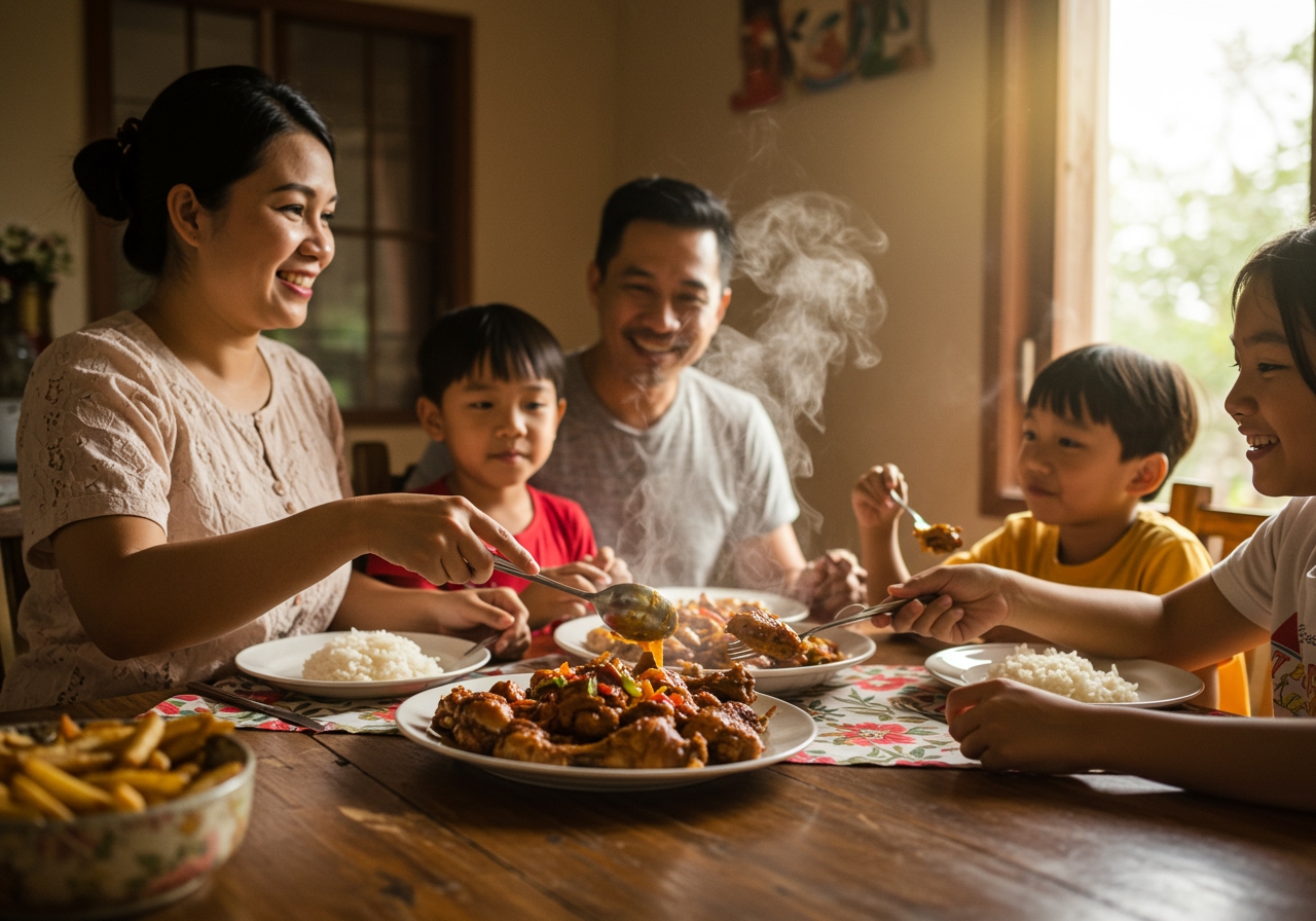A scene of a Filipino family gathered around a dining table, sharing a meal that includes a large serving of Chicken Adobo.