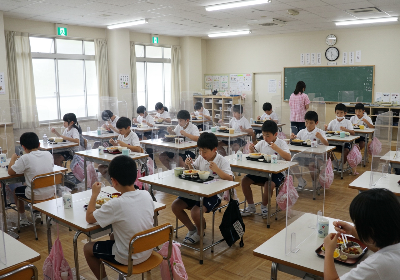 A school cafeteria in Japan with children eating silently and spaced out, all facing one direction, with clear partitions between them. The atmosphere is quiet but orderly.