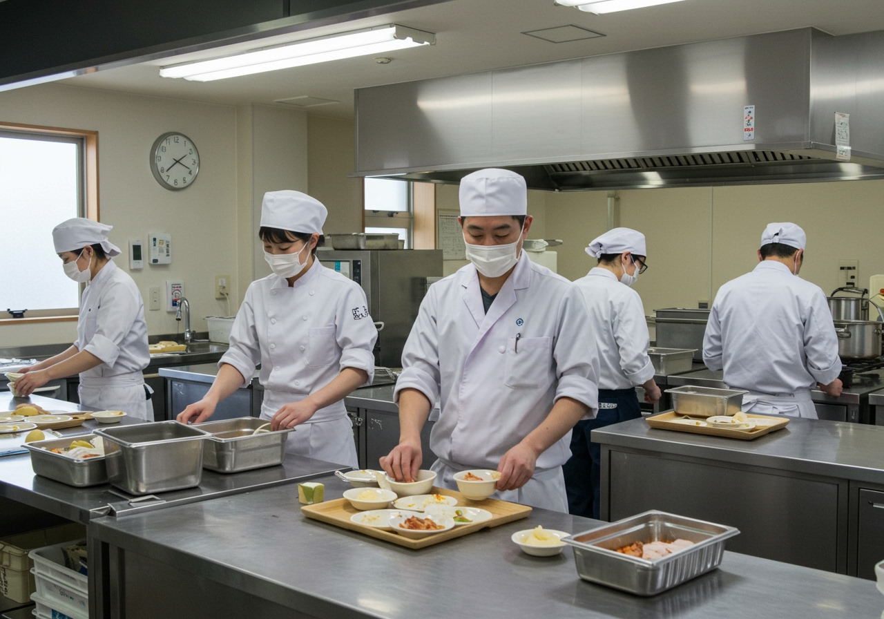 A school nutritionist in a clean, professional kitchen, wearing a face mask and white coat, overseeing a diverse group of diligent Japanese cooks preparing school lunch. The kitchen is modern and well-lit.